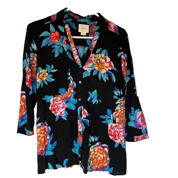 Anthropologie Maeve Tropical Black w/Blue&Orange Flowers 3/4 Sleeve Blouse Sz 6 - Picture 1 of 4